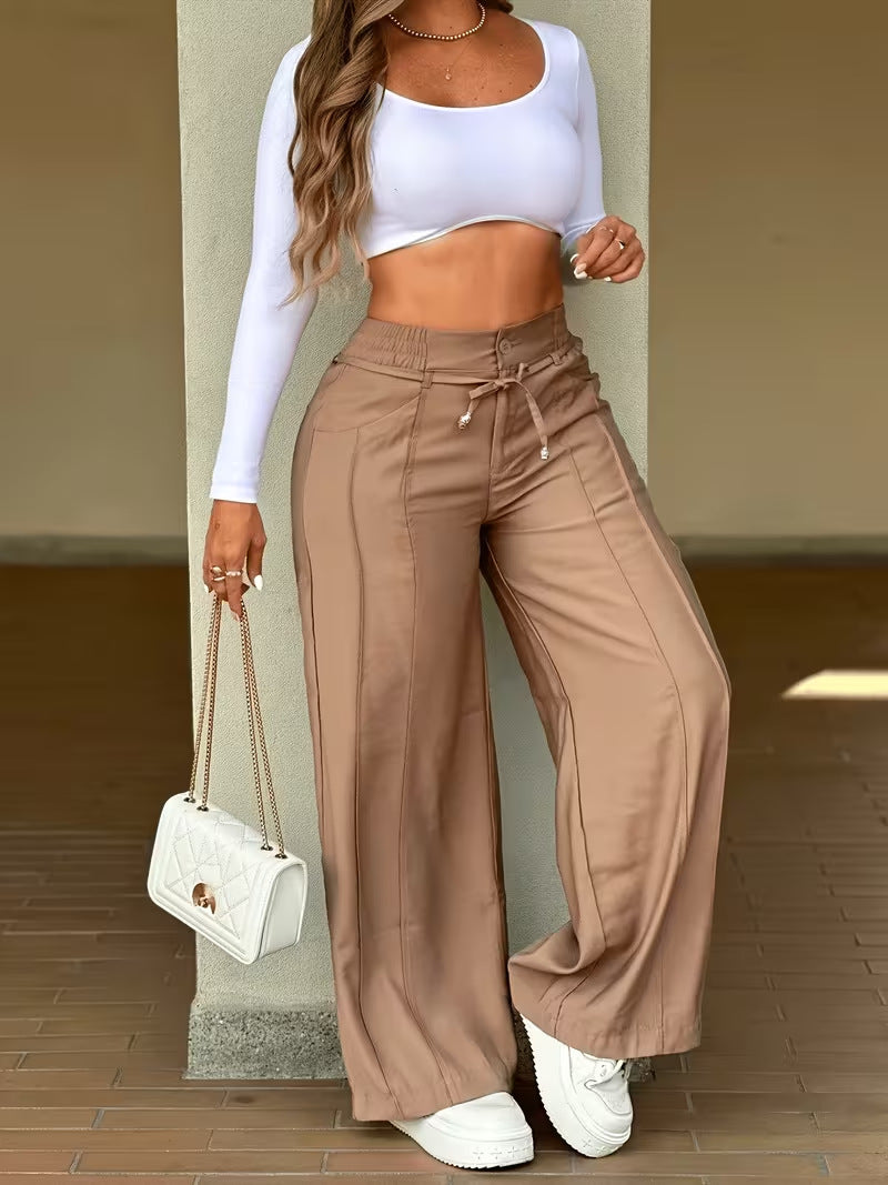 Lace-up Trousers Loose-fit Drawstring Wide-leg Pants With Multiple Pockets NorixaFashion.com