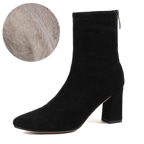Women's Ankle Winter High-heeled Mid-tube Pointed Toe Thick-heeled Martin Boots LadyShow.Store