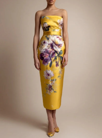 Luxury Floral Art Print Strapless Midi Dress NorixaFashion.com