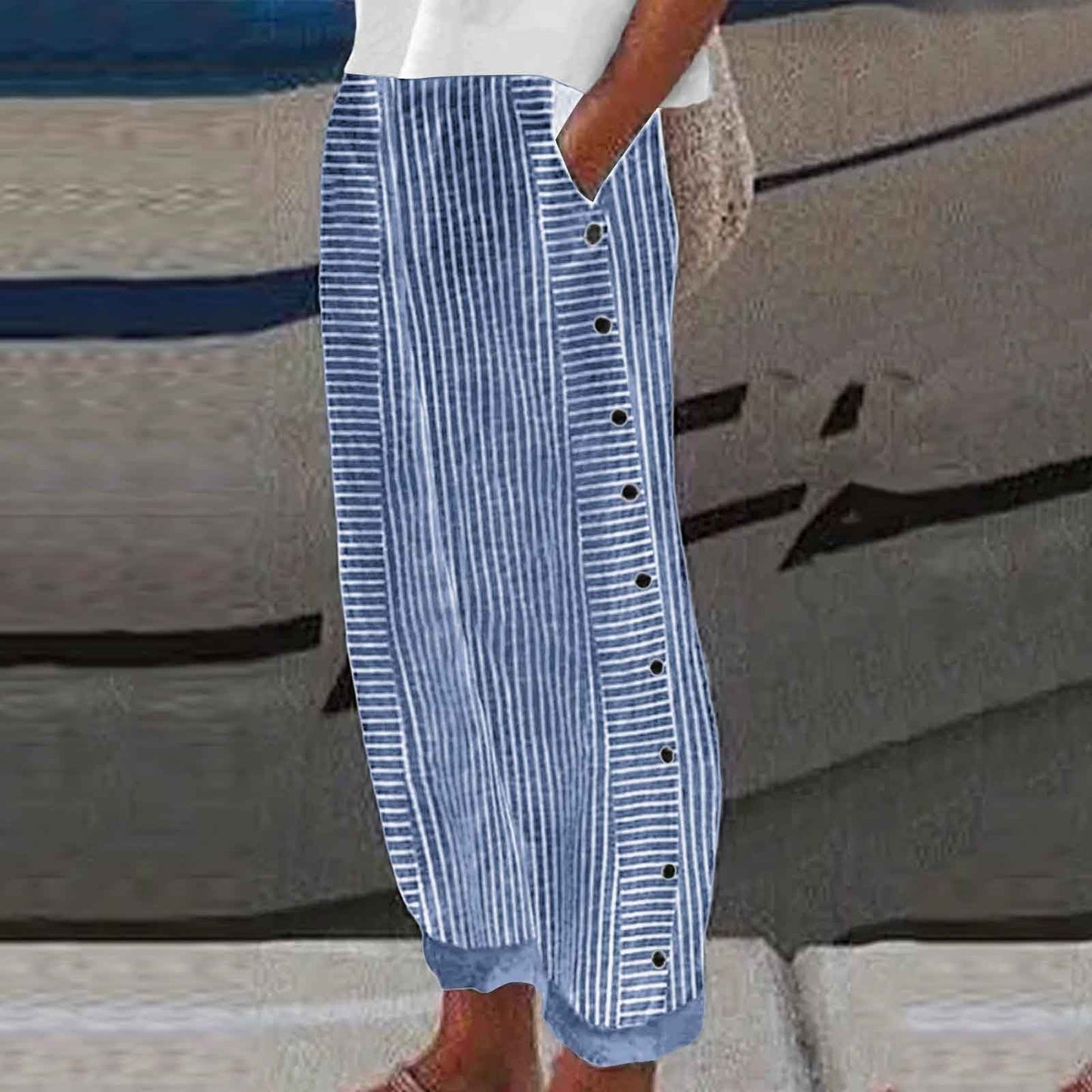 Women's Striped Casual Trousers Lightweight  Blend Stretch Pants NorixaFashion.com