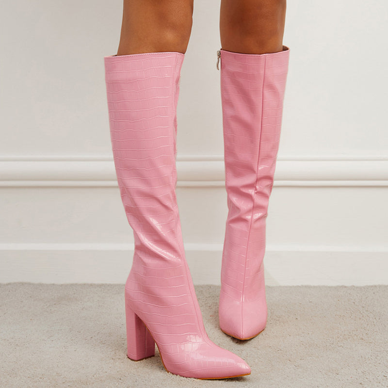 Fashion Boots Winter Pointed Toe High Square Heel Shoes With Side Zipper Mid-calf Boots Women LadyShow.Store