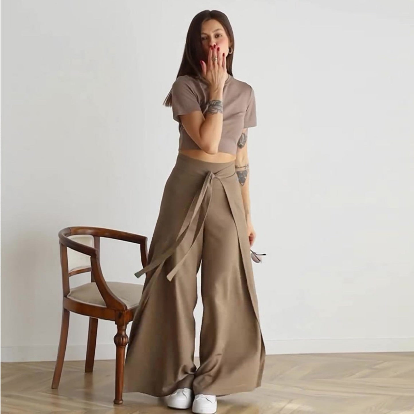 Solid Color Fashion Lace-up Waist Wide-leg Skort Women LadyShow.Store