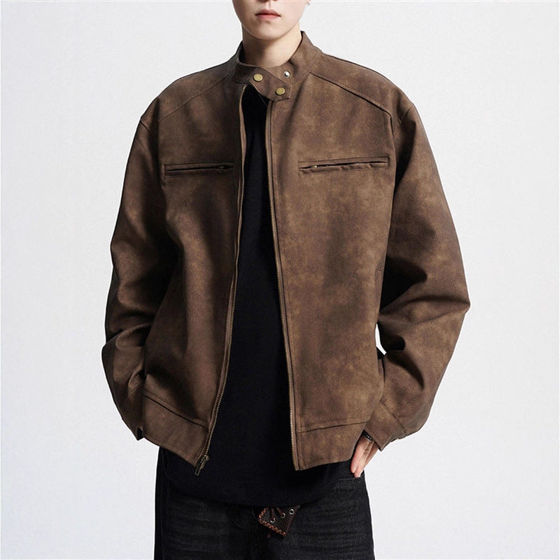 Vintage Brown Motorcycle Leather Autumn Merard Stand-up Collar Distressed Coat Best YouTube Store