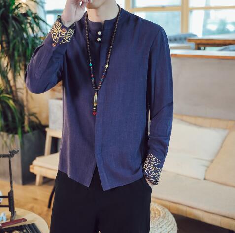 Men's Cotton Linen Embroidered Long Sleeve T-Shirt Pi-Mart