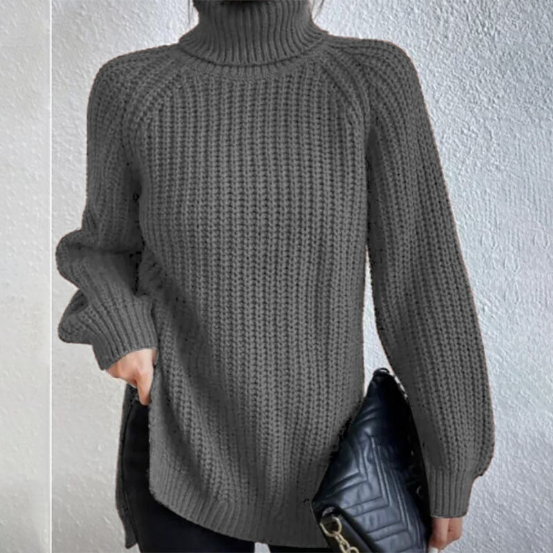 Turtleneck Pullover Sweater With Split Design Fashion Simple Solid Color Long Sleeve Tops Women's Clothing LadyShow.Store