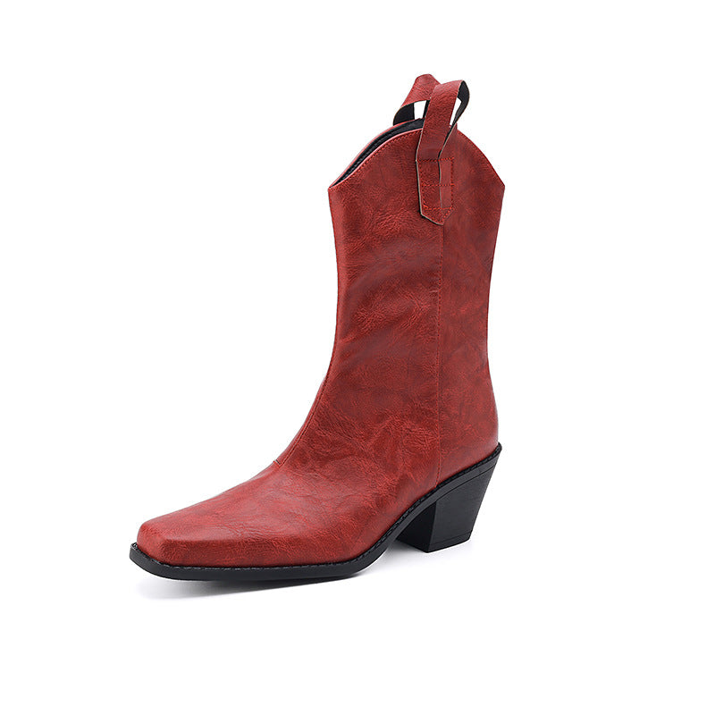 Retro Square-toe V-cut Mid-calf Boots With Chunky Heels LadyShow.Store