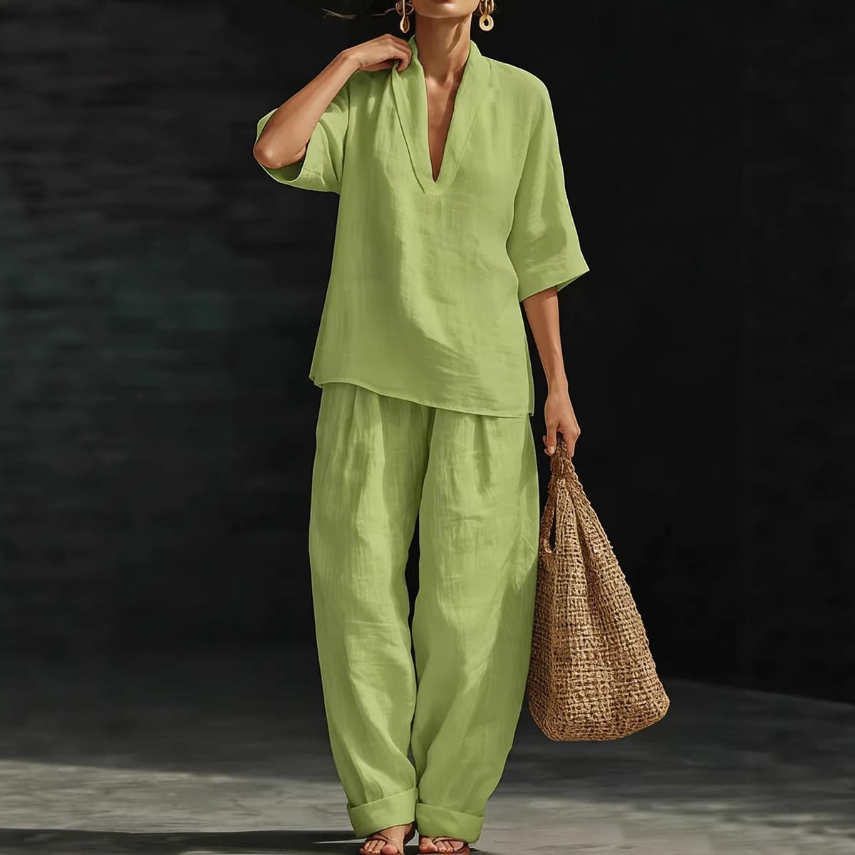 Women's Casual Simple Linen Two-Piece Set NorixaFashion.com