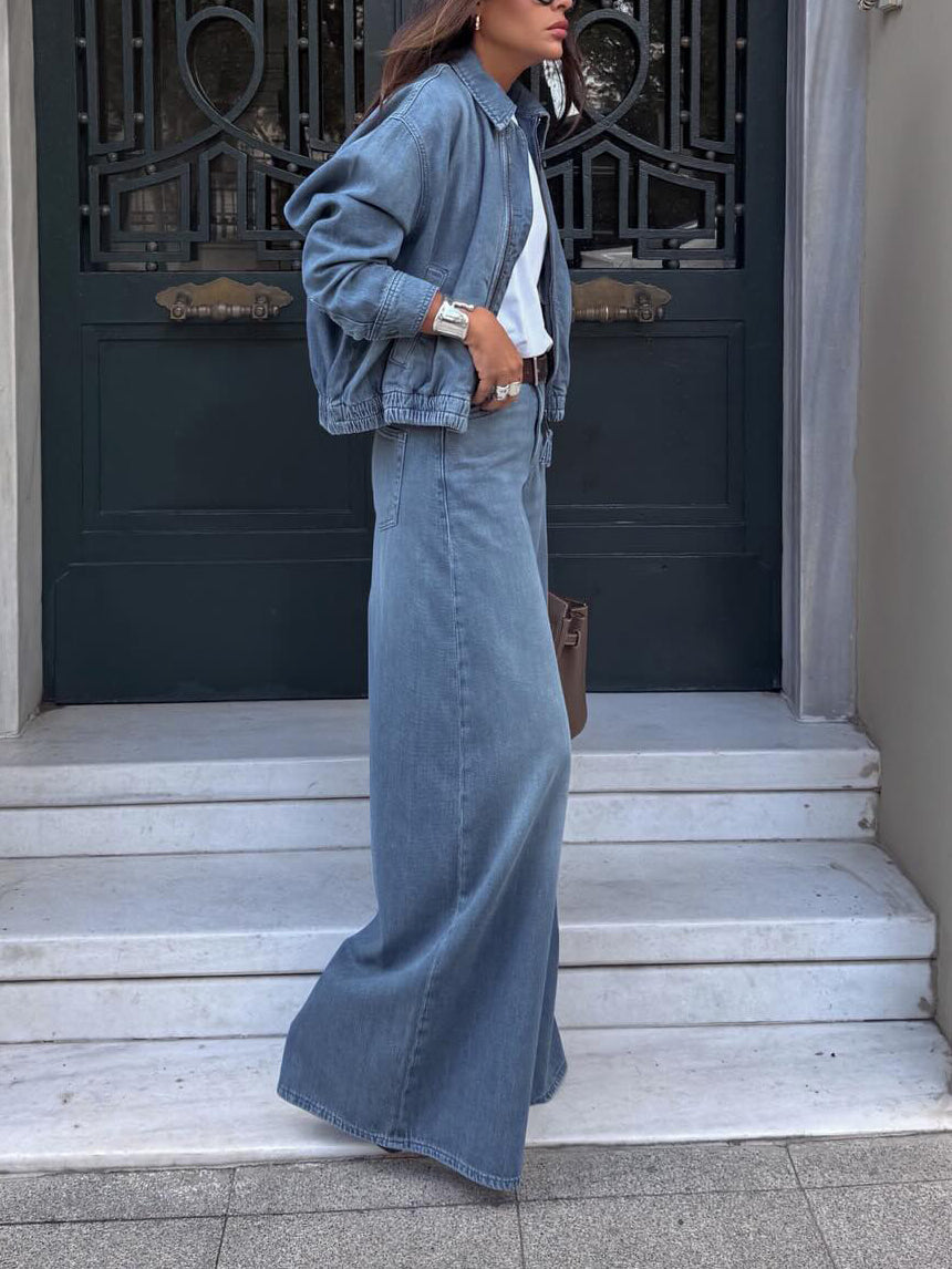 Light Blue Denim Cropped Jacket And Wide-leg Jeans Set NorixaFashion.com