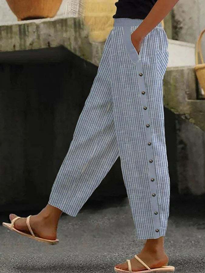 Printed Striped Button-binding Elastic Waist Cropped Pants NorixaFashion.com
