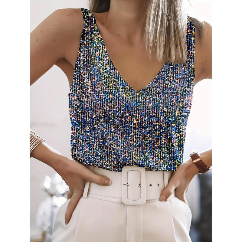 Sequin Summer Light Mature Sexy V Neck Womens Tank Top NorixaFashion.com