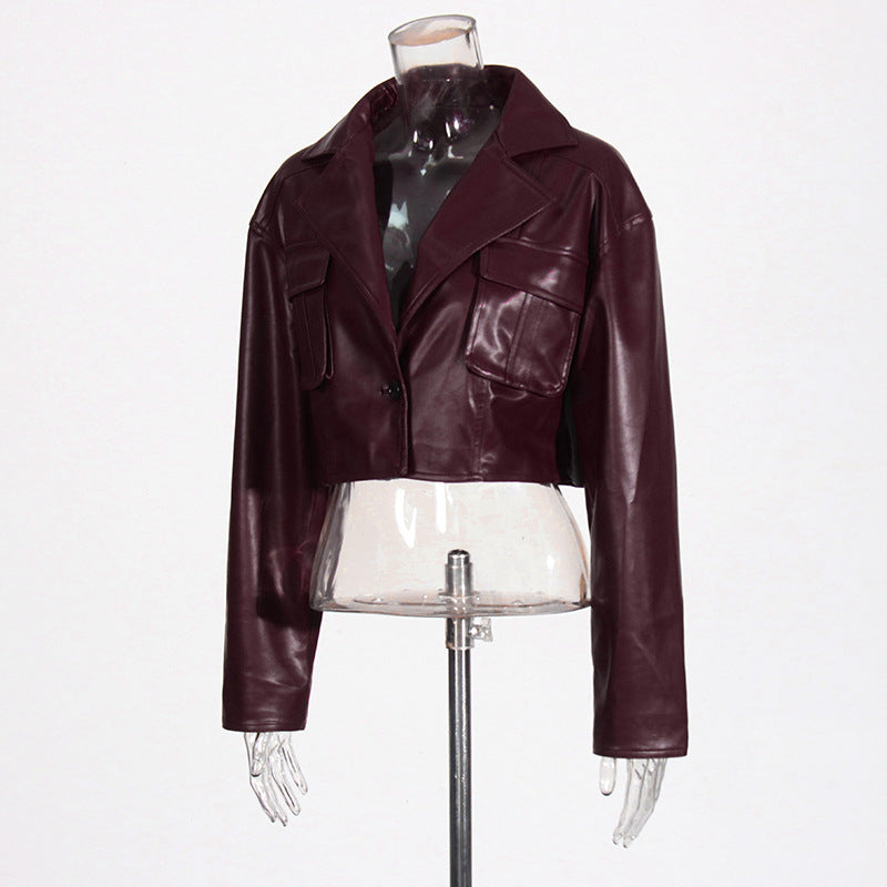 Patchwork Pocket Cropped Leather Coat Women Best YouTube Store