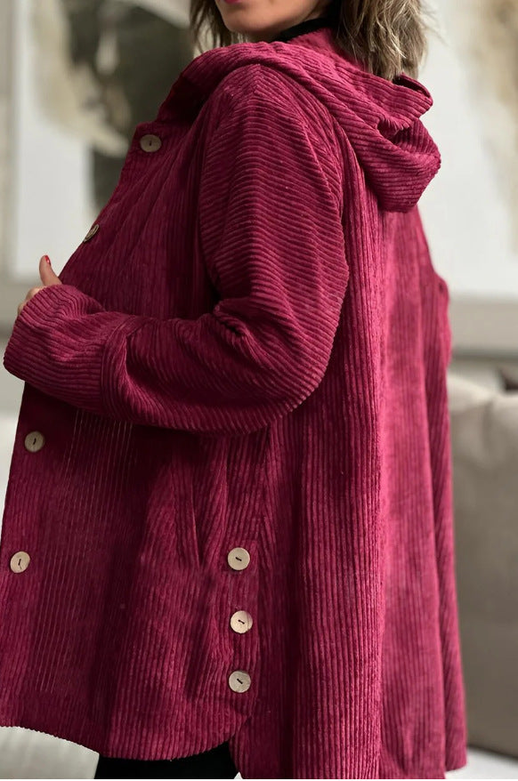 Women's Corduroy Hooded Jacket Fashion Warm Pockets Button Mid-length Top Casual Fall Winter Outwear Clothing LadyShow.Store