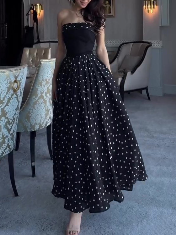 Black Strapless Polka Dot Full Skirt Maxi Dress NorixaFashion.com