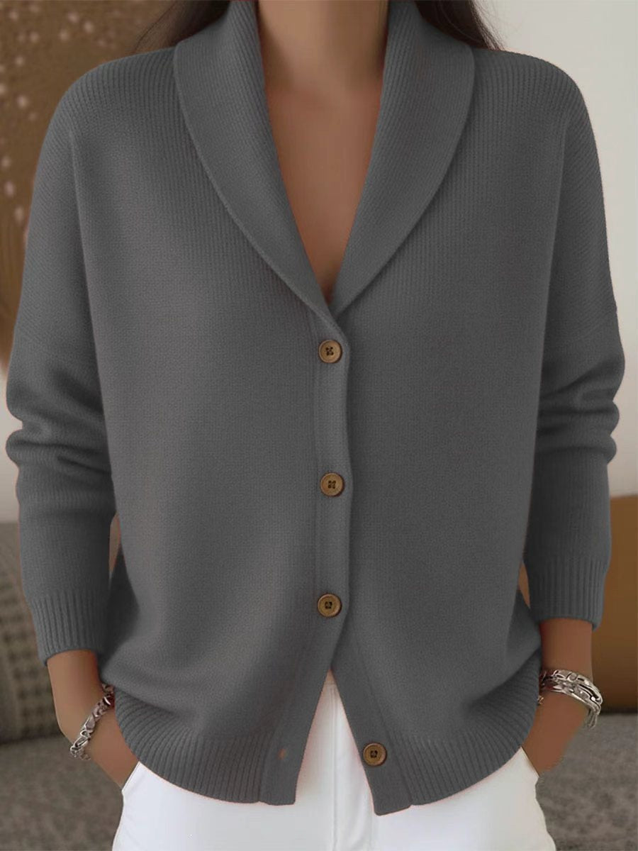 Womens Knitted Cardigan Loose-Fit Lazy Style Soft And Cozy Notch Lapel Solid Color Long-Sleeve Sweater NorixaFashion.com