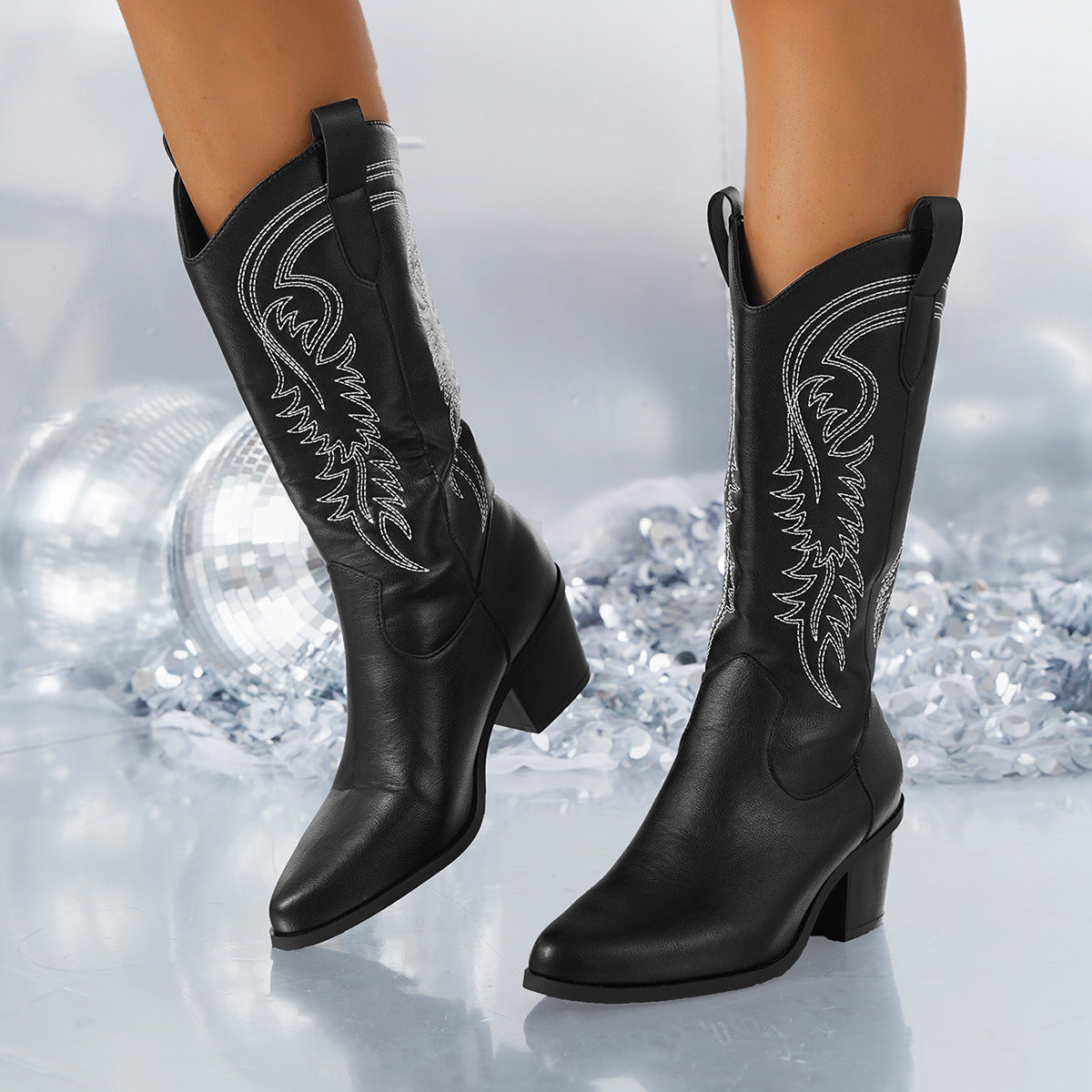 White Knight Boots Fashion Embroidered Pointed Toe Square Heel Mid-calf Western Boots Women Autumn Winter Shoes LadyShow.Store