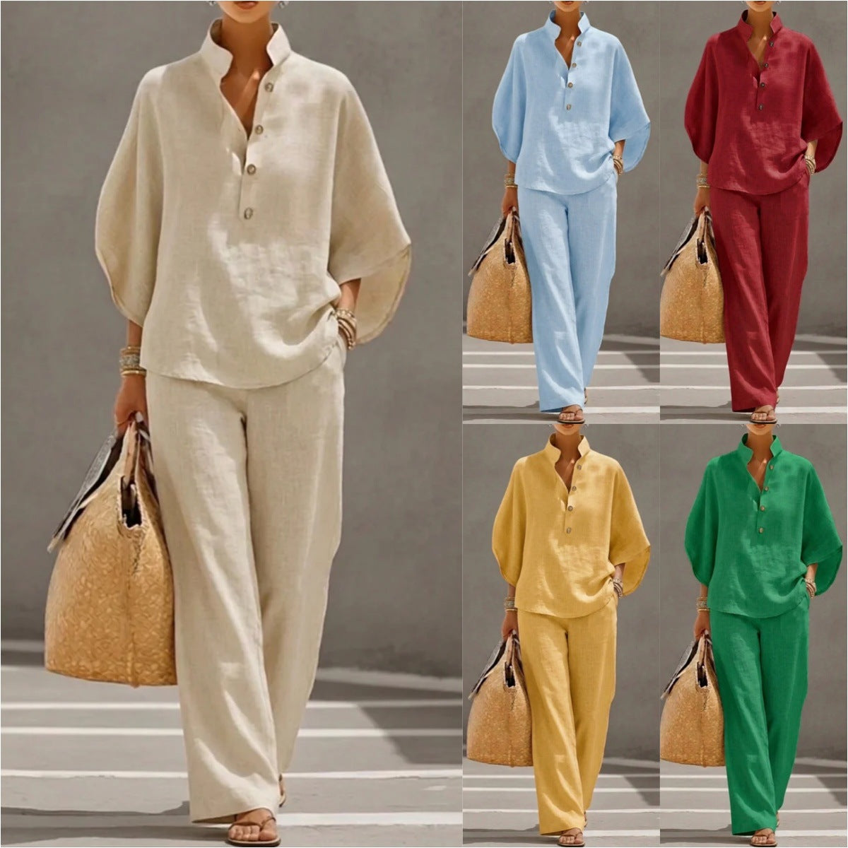 Women's Short-sleeved Suit Summer Loose Pullover Top And Straight-leg Trousers Outfit Clothing NorixaFashion.com