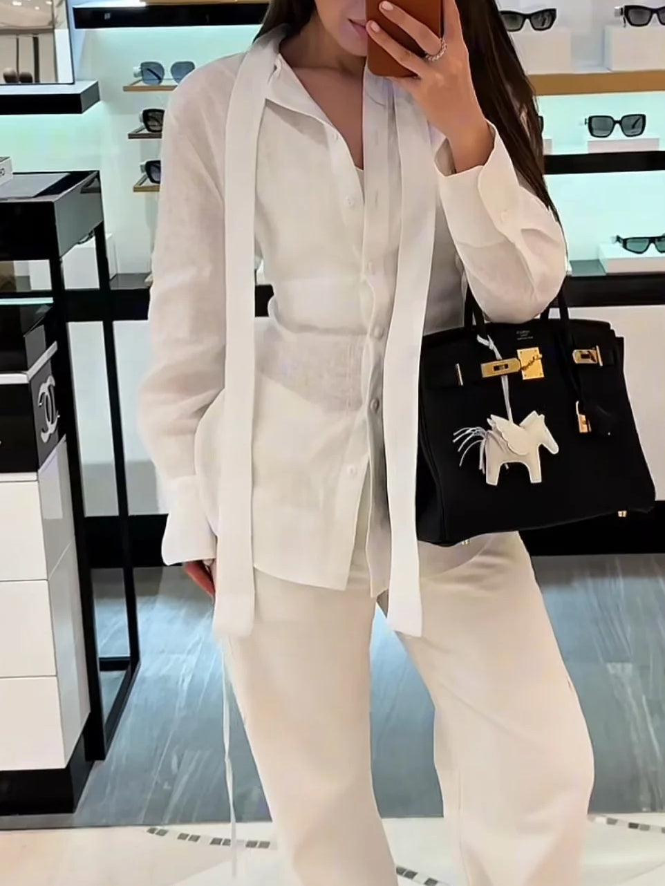 White Linen Tie Long Sleeve Shirt NorixaFashion.com