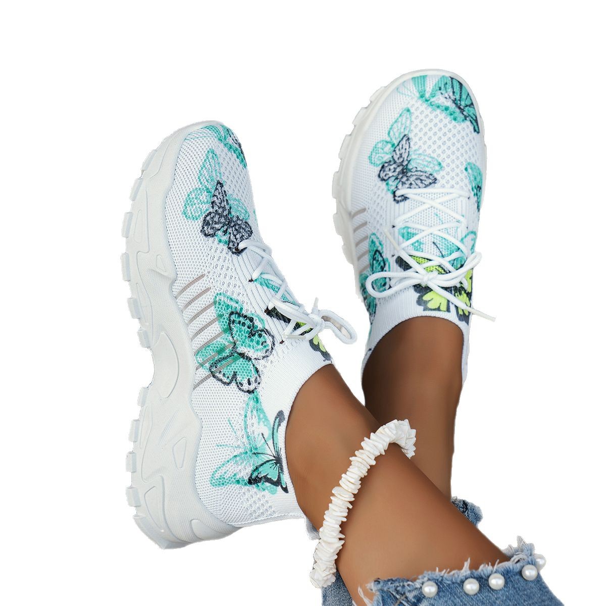 Butterfly Print Mesh Sneakers Women's Flat Heel Casual Shoes Fashion Running Jogging Walking Sports Shoes CJD