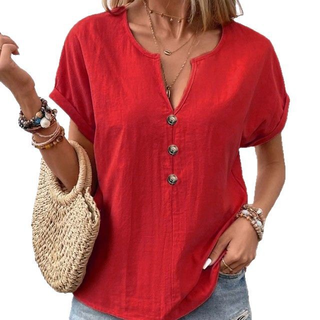 Women's Buttoned V-neck Short-sleeve T-shirt Top LadyShow.Store