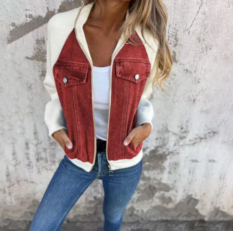 Women's Casual Hooded Denim Patchwork Jacket Pi-Mart