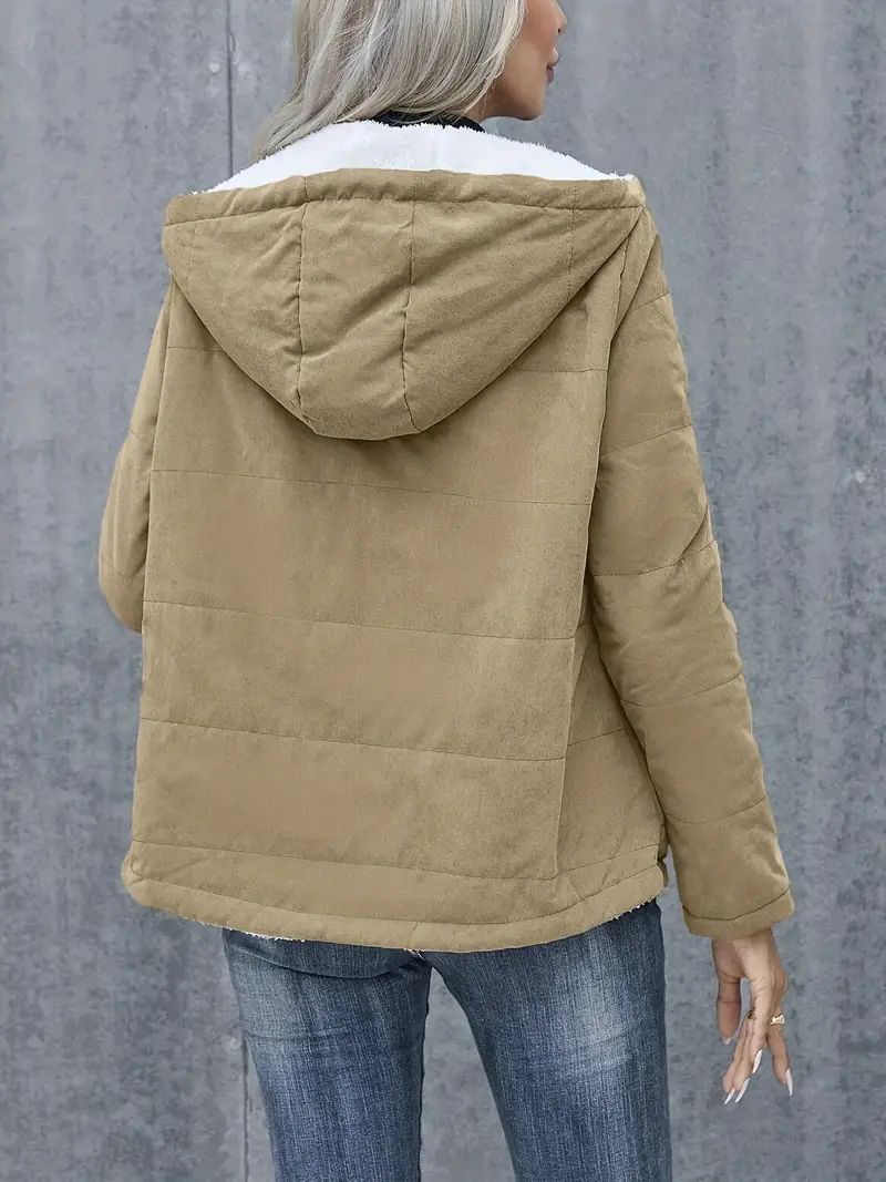 Fleece-lined Hooded Coat Winter Preppy Style Long Sleeve Jacket Warm Pockets Cotton Coat Women's Clothing LadyShow.Store