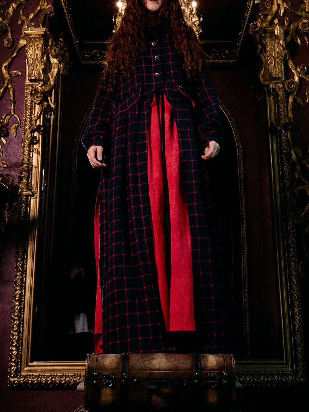 Navy Red Plaid Long Coat With Red Maxi Swing Dress Set NorixaFashion.com