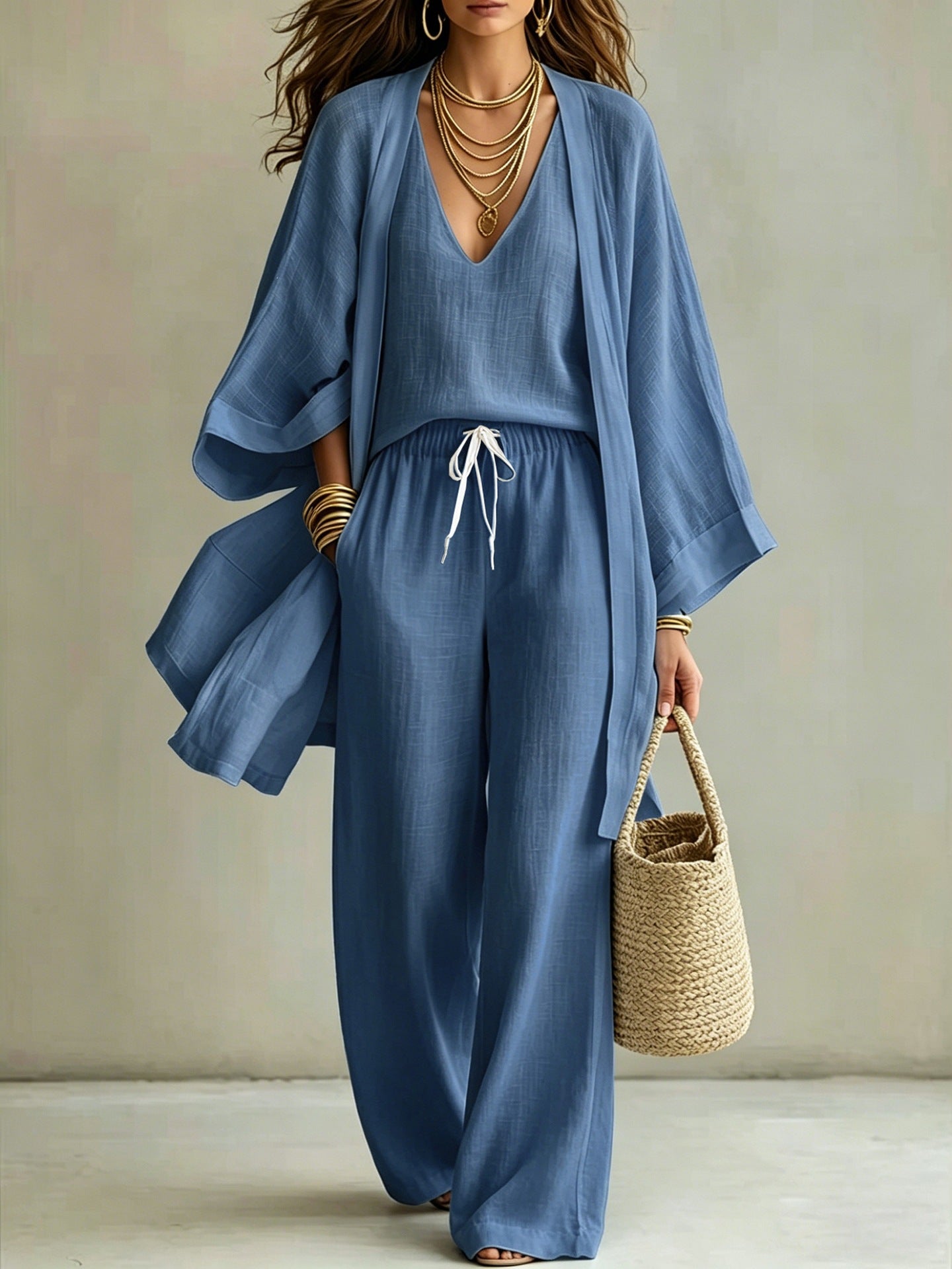 Womens Casual Three-piece Set Nine-quarter-sleeve Cardigan Sleeveless Vest And Long Pants NorixaFashion.com