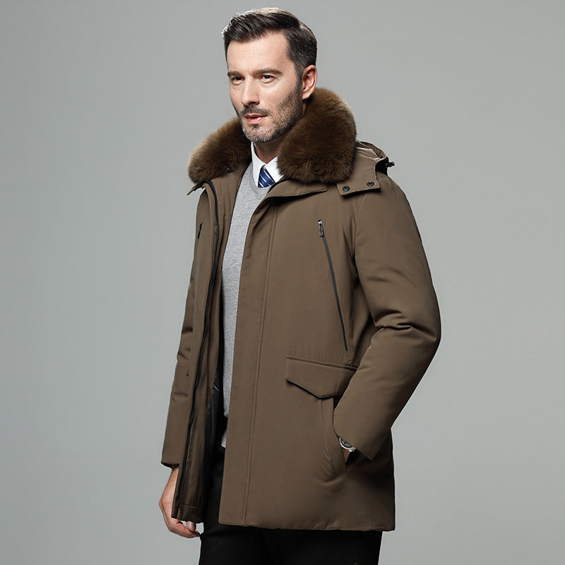 Thick Warm Down Jacket for Elderly Men with Fur Collar Pi-Mart