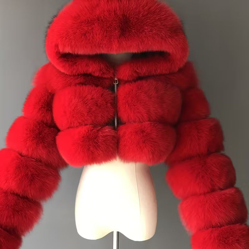 Short Hooded Faux Fur Long Sleeve Coat NorixaFashion.com