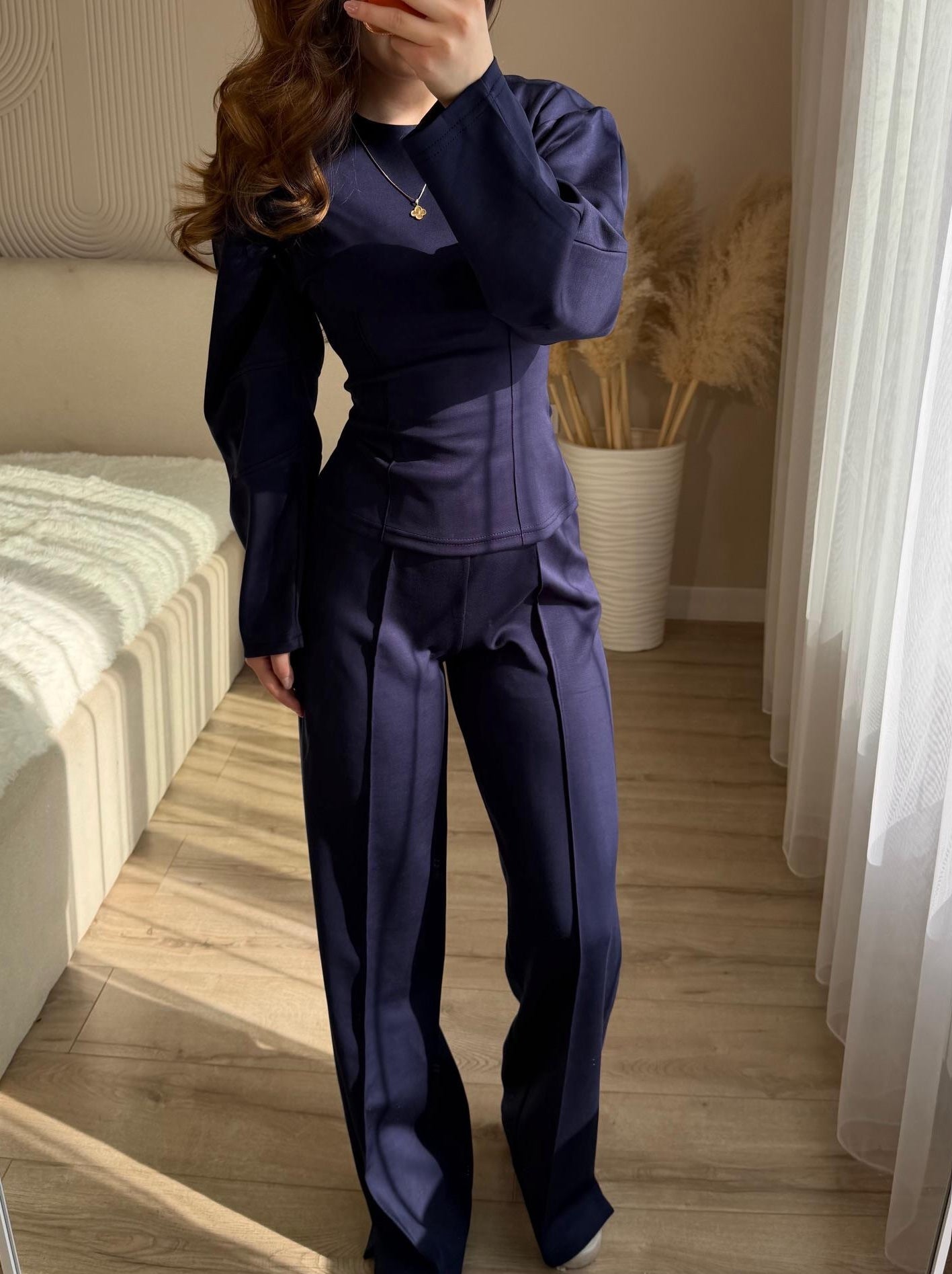 Fashionable Long-sleeved O-neck Pleated Top And Wide-leg Pants Set NorixaFashion.com