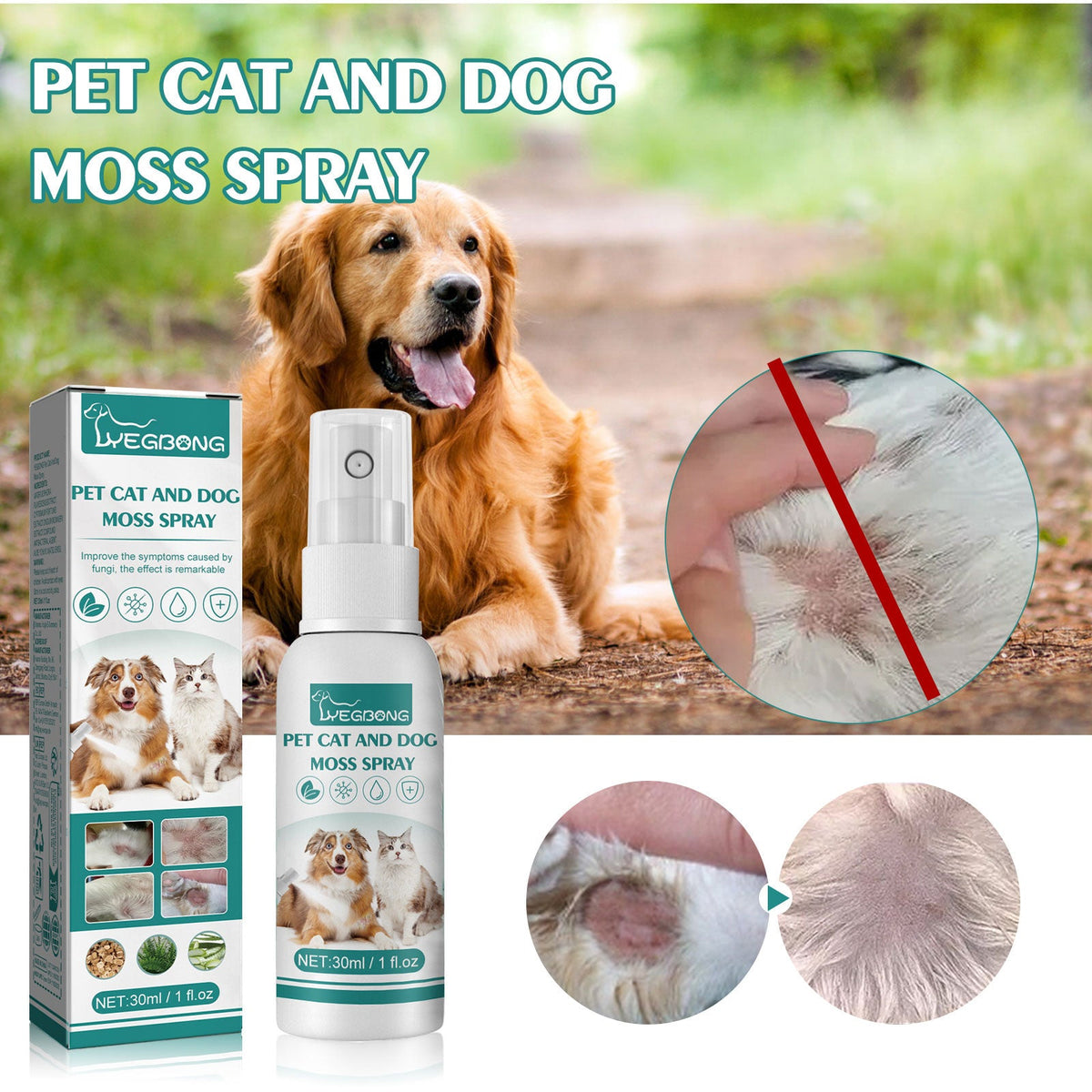 Cat And Dog General Mite Removing Skin Itching, Hair Removal, Redness And Itching Removing Pet Cat And Dog Moss Spray 30ml 1 Box Tri Light Beauty