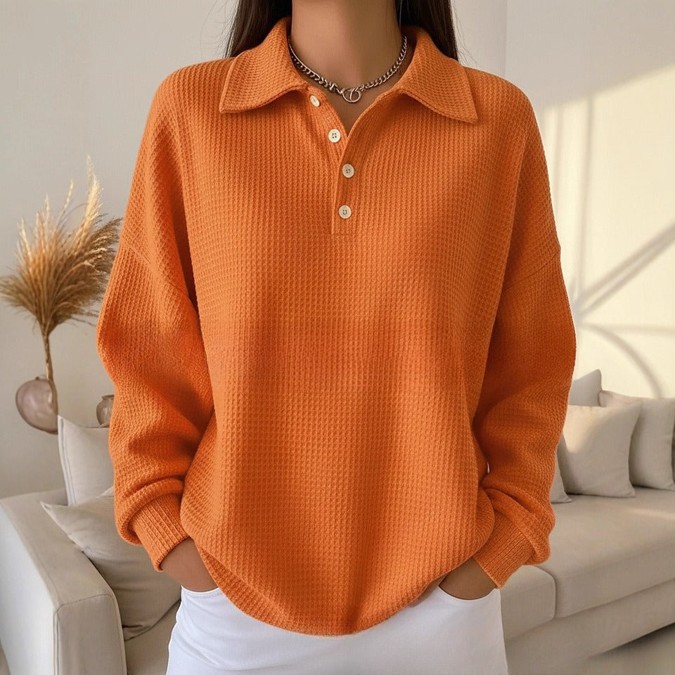 Loose Solid Color Versatile Lapel Polo Shirt Waffle Long Sleeve NorixaFashion.com