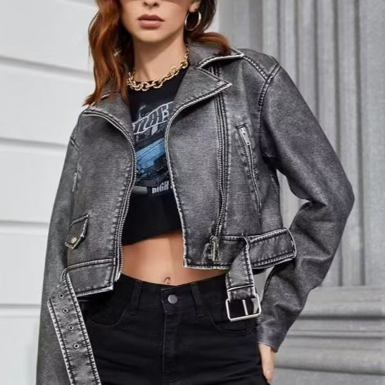 Women's Washed Leather Worn Motorcycle Leisure Jacket Leather Coat LadyShow.Store
