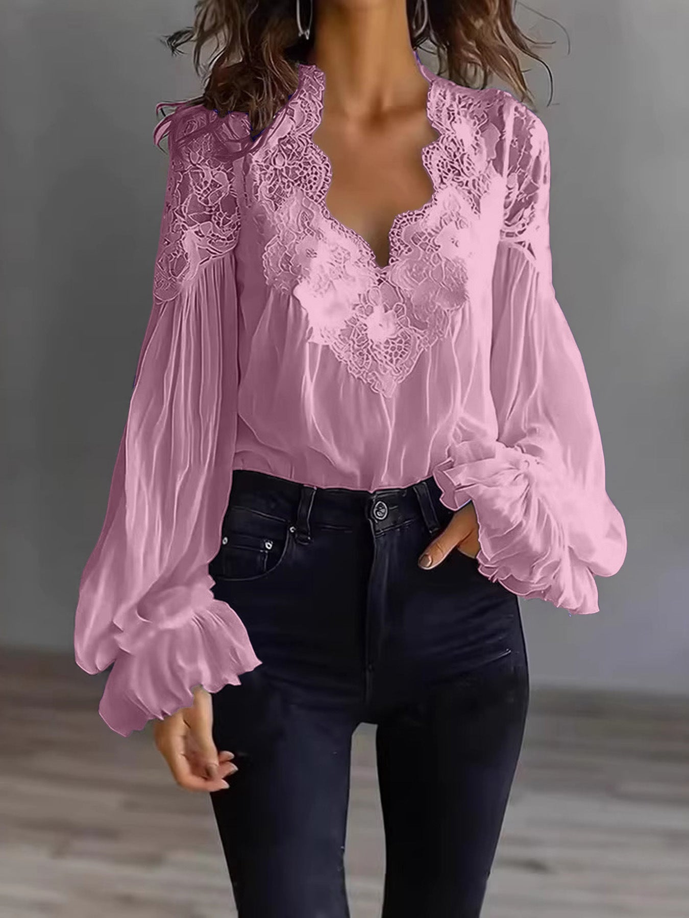 Lace-panelled Ruffled Puff-sleeve Pleated Shirt NorixaFashion.com