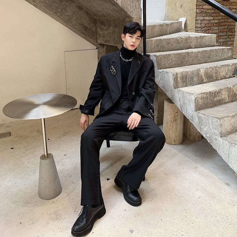 Black Iron Ring Decor Stylish Suit Jacket and Loose Blazer Pi-Mart