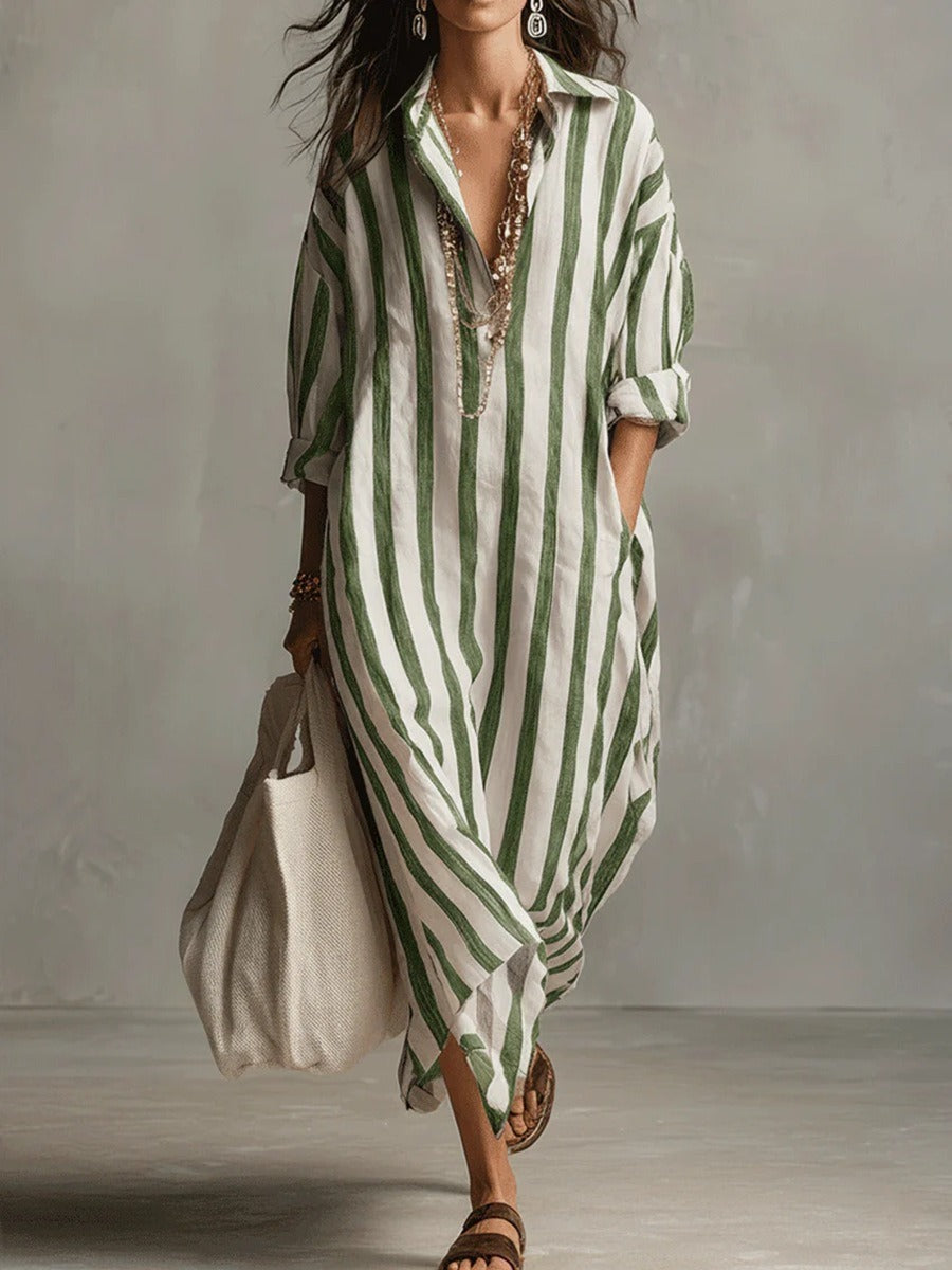 2026 Summer New Arrival, Women's Elegant Long Striped Dress With V-Neck NorixaFashion.com