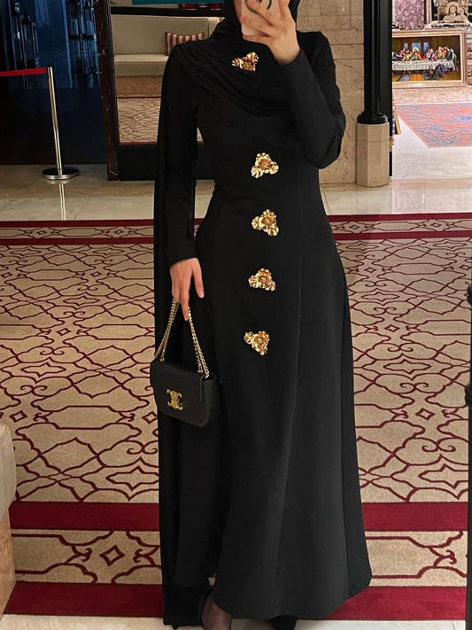 Black Turtleneck Cape Sleeve Gold Button Maxi Dress NorixaFashion.com