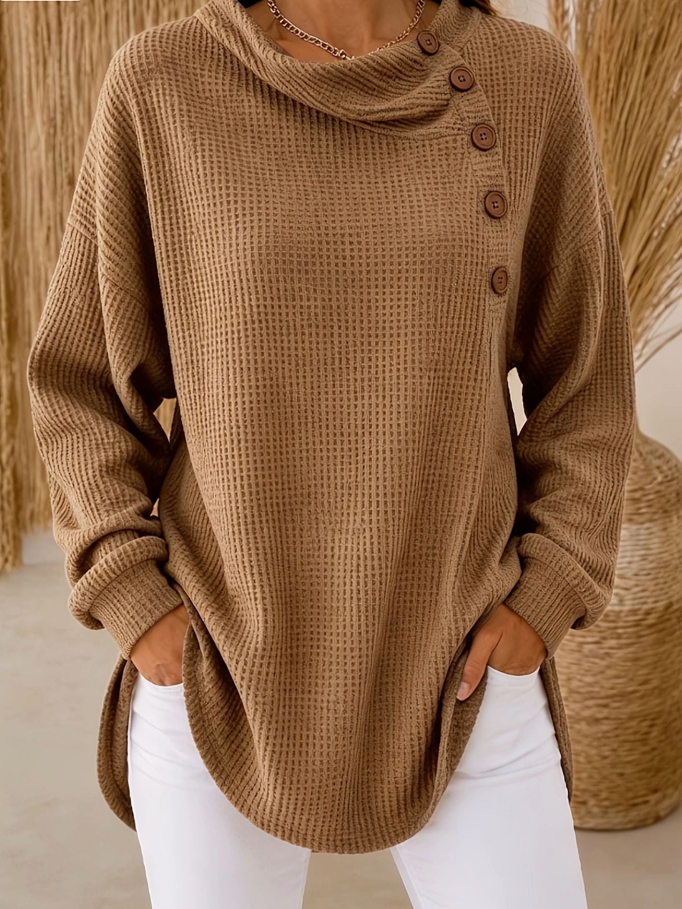 Womens Solid-Color Waffle-Weave Long-Sleeve Button-Up Casual Shirt Comfortable Top NorixaFashion.com