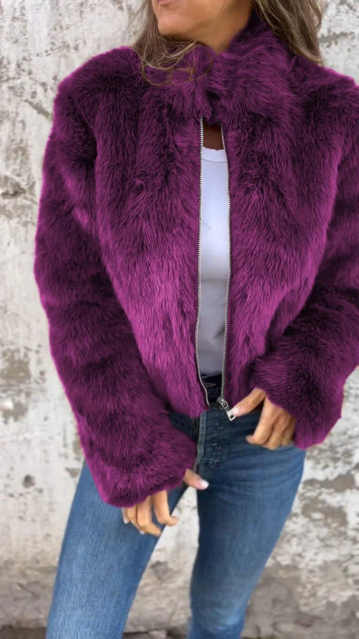 Fashion Stand Collar Plush Jacket Winter Casual Turtleneck Zipper Coat Fleece Tops Women's Clothing LuxuryLifeWay Online Store