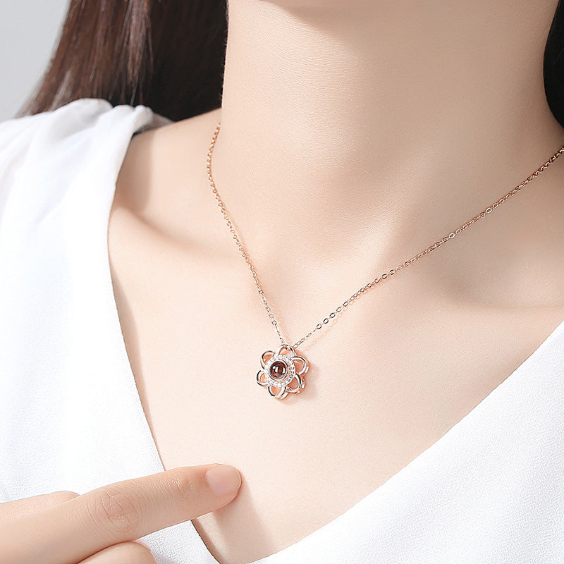 925 Sterling Silver Love Necklace, Memory In  Languages, Cherry Blossom Pendant Necklace LadyShow.Store