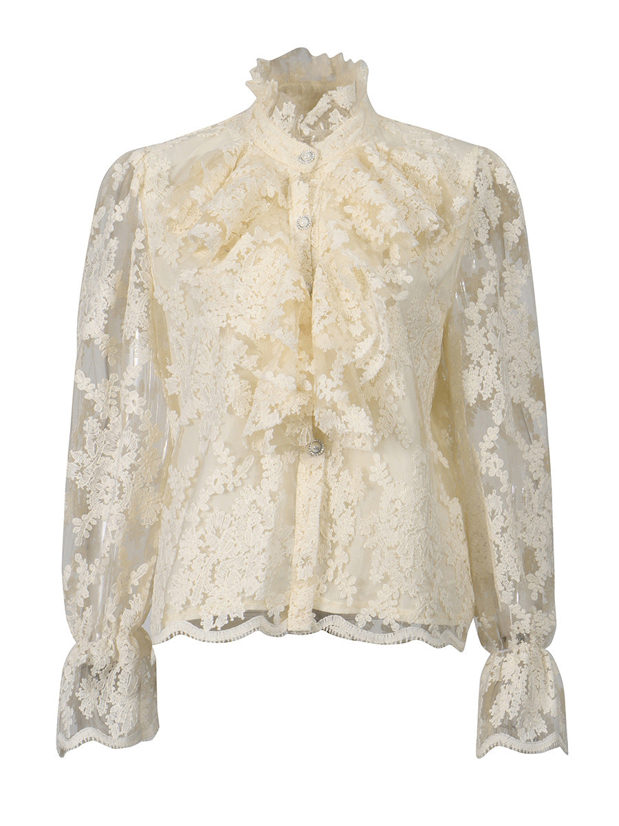 Retro 3D Floral Lace Long-Sleeved Shirt NorixaFashion.com