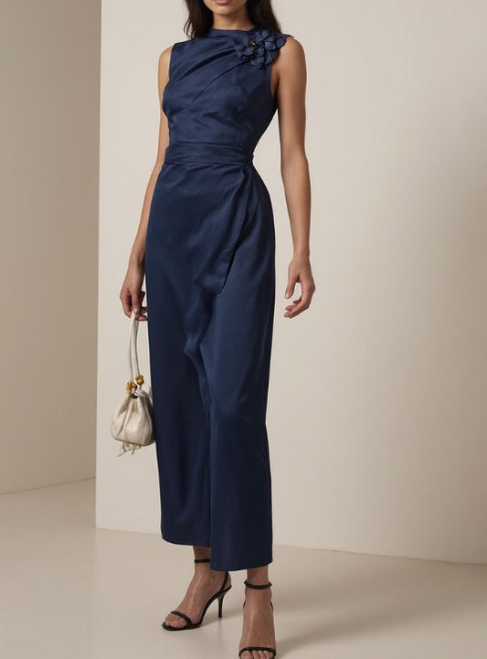 Midnight Elegance Satin Dress With Floral Shoulder Detail NorixaFashion.com