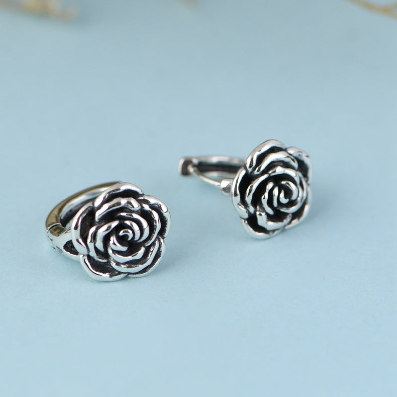 S925 Silver Vintage Distressed Rose Earrings LadyShow.Store