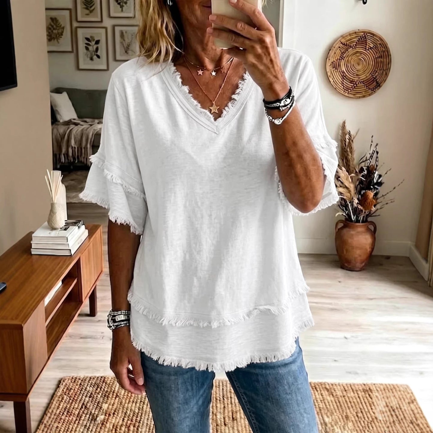 Casual Women's Shirt V-Neck Short Sleeve Loose Fit Pure Color Summer Fashion Trend Pullover Tops For Daily Wear LadyShow.Store