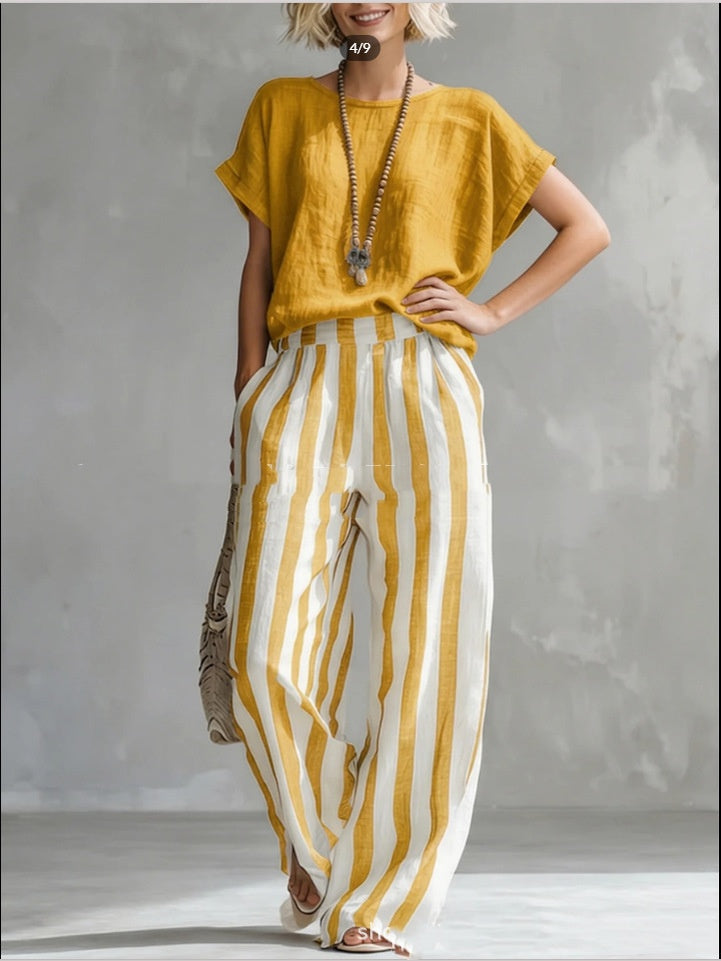 Short-sleeved Trousers Suit Summer Fashion Round Neck Pullover T-Shirt And Striped Print Straight Leg Pants Two-Piece Clothing For Women LadyShow.Store