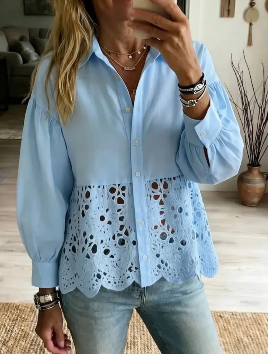 AliExpress Europe And US Cross-Border New Womens Hollow-Out Hem Shirt NorixaFashion.com