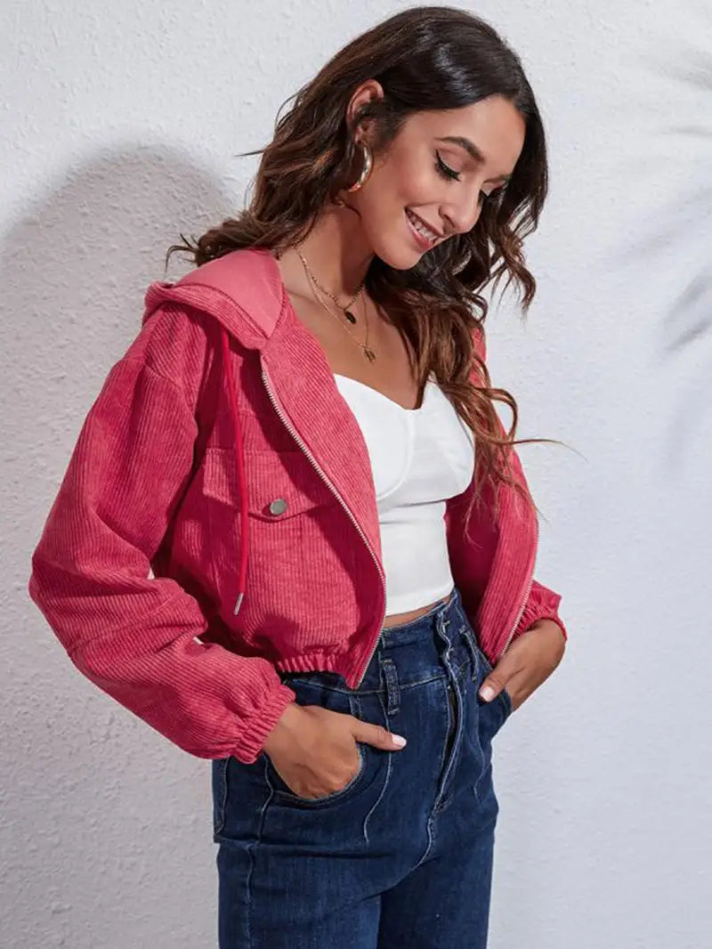 Casual Corduroy Hooded Jacket for Women - Loose Fit Pi-Mart