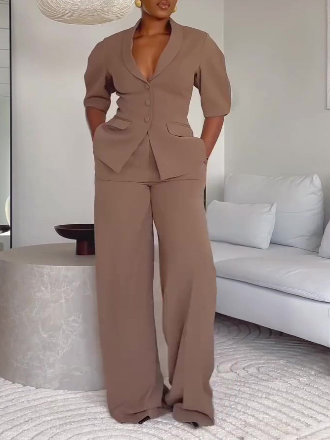 Brown Short-sleeved Blazer & High-waisted Pants Suit NorixaFashion.com