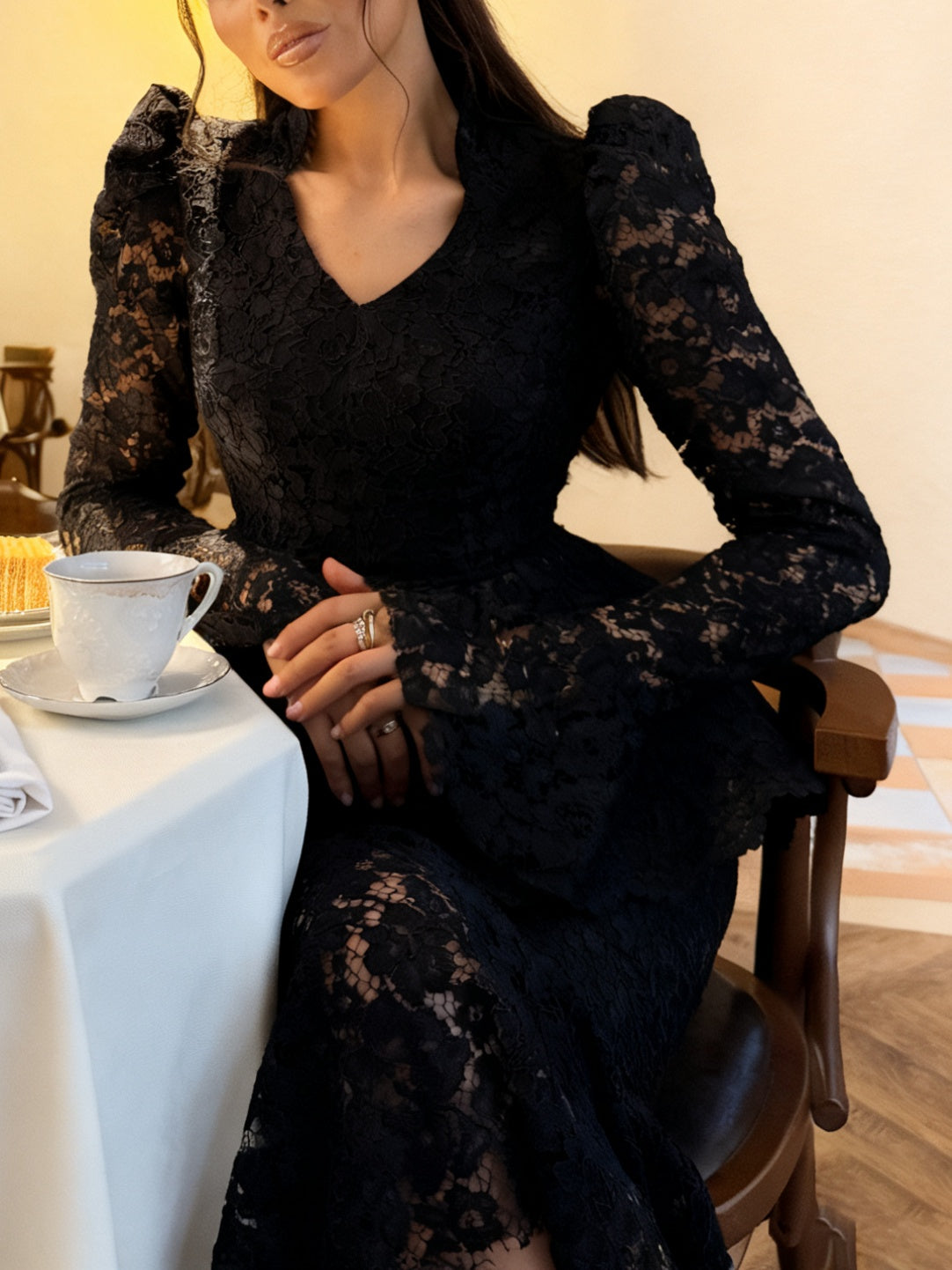 Glamorous Black Lace Peplum Top & Midi Skirt Set NorixaFashion.com
