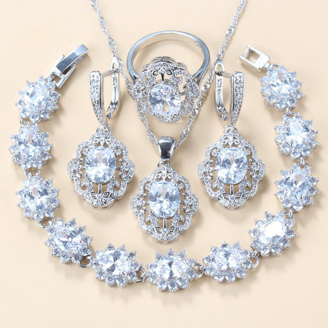 Garnet Cubic Zirconia Earrings Pendant Necklace Bracelet Ring Gift 4 PCs Set LadyShow.Store